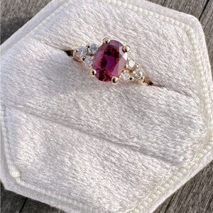 Oval Pink/Red Center Stone 6 Diamond Ring
